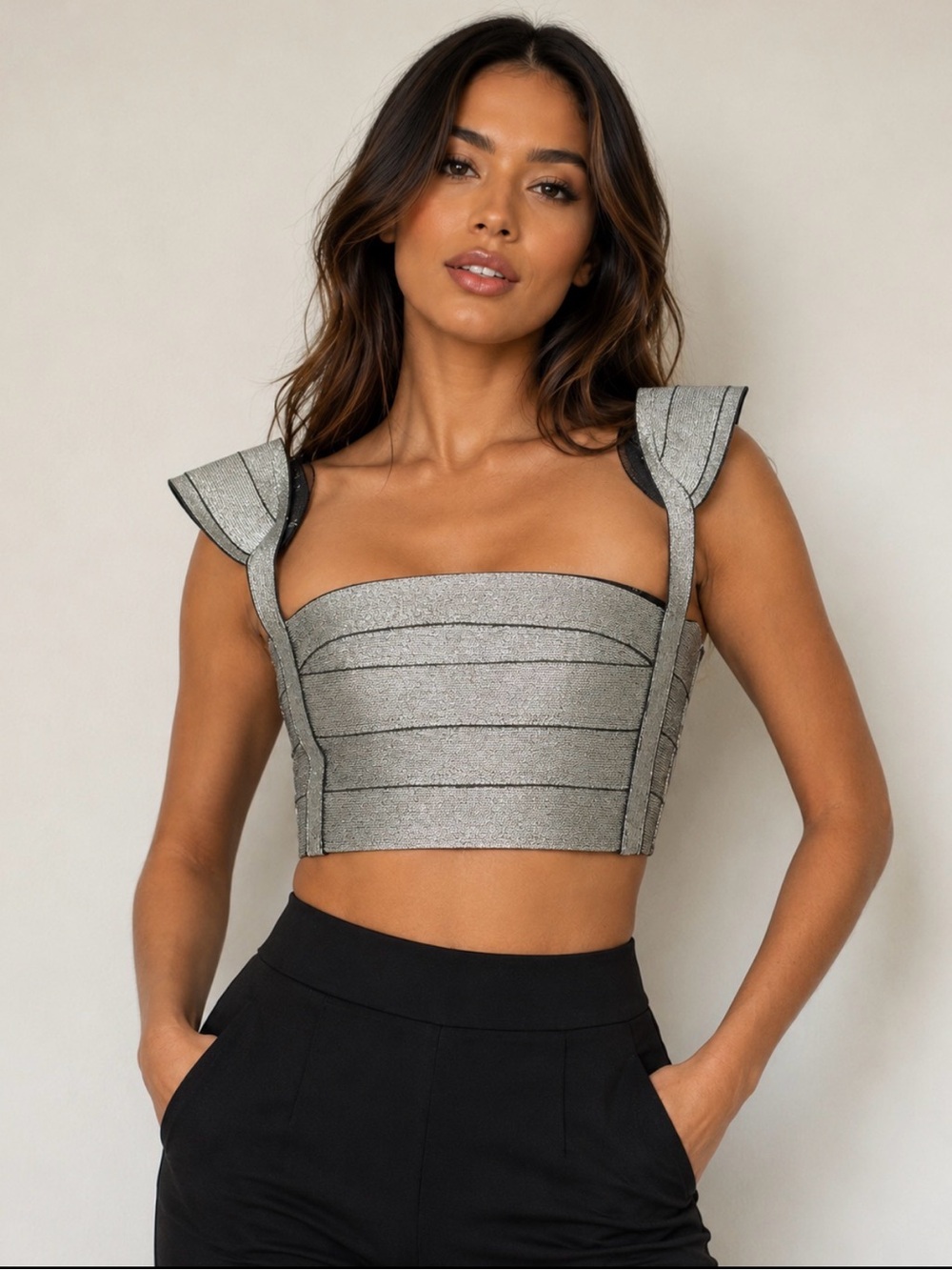 Silver Metallic Structured Crop Top with Shoulder Details Size Large - Cotton